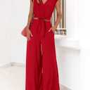PRETTYGARDEN Women's Summer 2 Piece Outfits 2026 Cap Sleeve V Neck Belted Crop Tops Wide Leg Pant Sets Casual Tracksuit (Red, XL)
