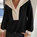 Fisoew Womens Cropped Oversized Sweatshirt Casual Lapel V Neck Long Sleeve Contrast Drawstring Loose Fit Fall Pullover Tops (Large, Black)