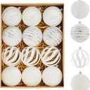 Christmas Ornaments Set of 12, 3.15" Flocked Velvet Balls with Hand Painted Designs, White Elegant Christmas Tree Decorations in Gift Box