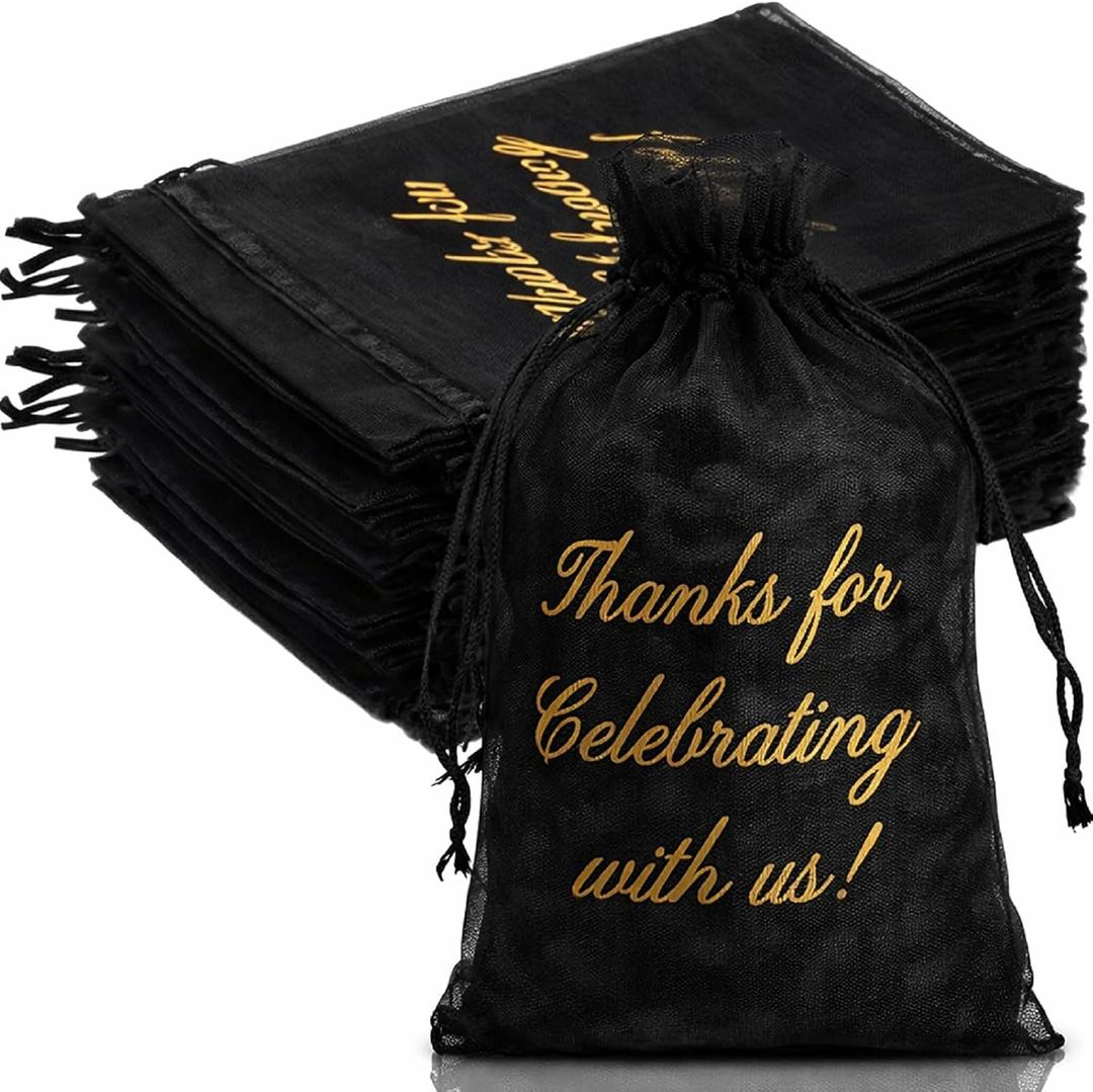 Riakrum 100 Pcs Sheer Organza Bags Wedding Favor Mesh Drawstring Bags Thank You Gift Bag for Guests Candy Candy Gift Bag for Wedding Favors, Bridal Shower, Anniversary, Birthday(4 x 6 Inch,Black)