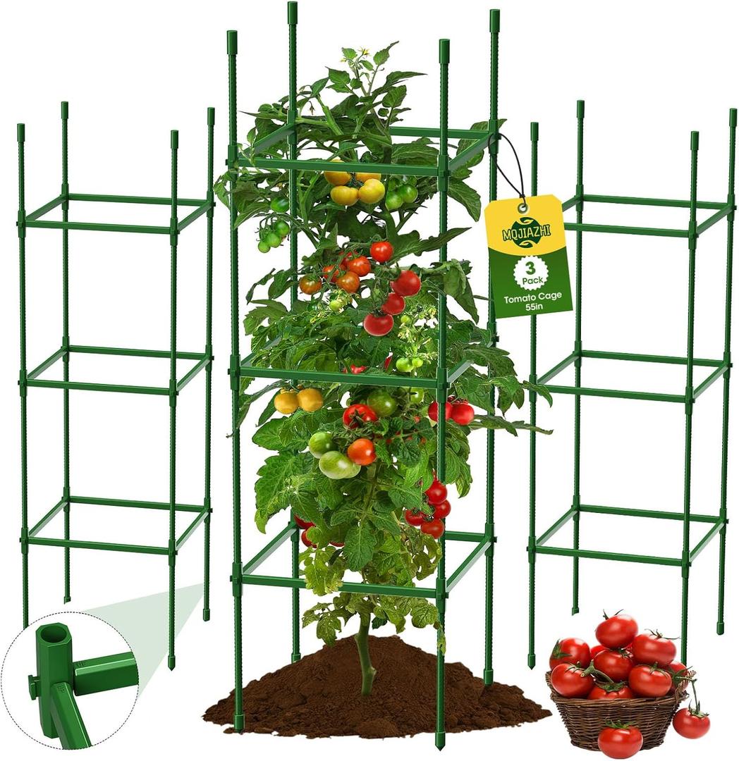 3 Pack Tomato Cages for Garden, Up to 55Inch Square Tomato Plant Cage, Upgraded Octagonal Connector, Heavy Duty Adjustable Tomato Stake Support for Garden Climbing Vegetables Flowers Fruits
