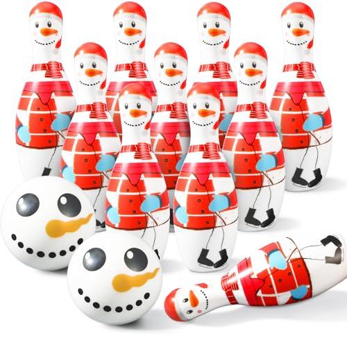 Libima 12 Pcs Christmas Bowling Set Santa Claus Snowman Bowling Set 10 Soft Foam Bowling Pins 2 Bowling Balls Set Toy Bowling Set for Game Indoor Outdoor Xmas Party Supplies (White,Snowman)