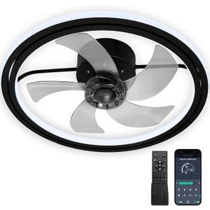 Ceiling Fan with LED Light,Low Profile Ceiling Fans, Flush Mount Modern Ceiling Fans,Fandeliers Ceiling Fan Fixture with App&Remote Control, for Bedroom/Kitchen/Small Room,Black