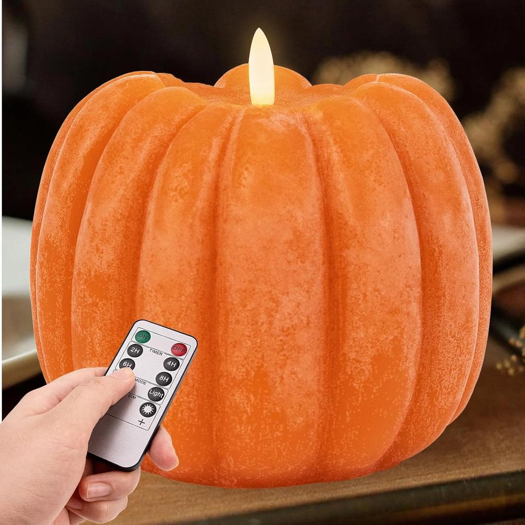 Fall Decorations for Home - Fall Decor - Flickering Flameless Wax Pumpkin LED Candle with Timer Remote Control- Thanksgiving Gifts - Autumn Farmhouse Rustic Harvest Decor for Tiered Tray Table Indoor, Orange