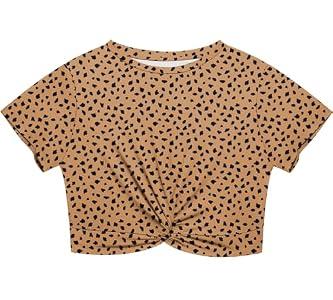 Lastshe Women's Plus Size Summer Crop Tops Short Sleeve Blouses Tie Front Tee T-Shirt Outfits, Khaki Leopard, 4X