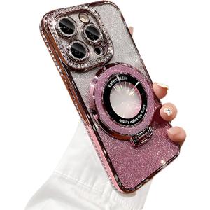 Bling Glitter Phone Case Compatible with iPhone 11 Pro Max, Kickstand Camera Lens Protector Soft Cover Sparkling Rhinestone Case (Pink)
