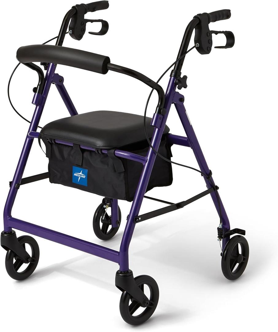 Medline Aluminum Rollator Walker with Seat, Purple, 250 lb. Weight Capacity, Lightweight, 6” Wheels, Foldable, Adjustable Handles, Rolling Walker for Seniors