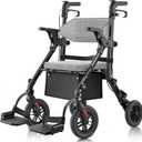 Walkers for Seniors with Seat, Walker Wheelchair Combo, 2 in 1 Rolling Walker Transport Wheelchair Lightweight Foldable, 10" Big Wheels Transport Chair with Brakes,Grey