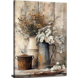 Farmhouse Rustic Daisy Canvas Wall Art Vintage Country Floral Posters Print White Jasmine Flowers and Rust Color Watering Can Wall Decor Picture for Living Room Bedroom Bathroom Decoration, 24"L x 16"W