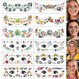 Soccer World Cup Face Paint Tattoos Waterproof Football Eye Temporary Tattoos for Kids Adults, Sports Party Game Day Makeup Stickers