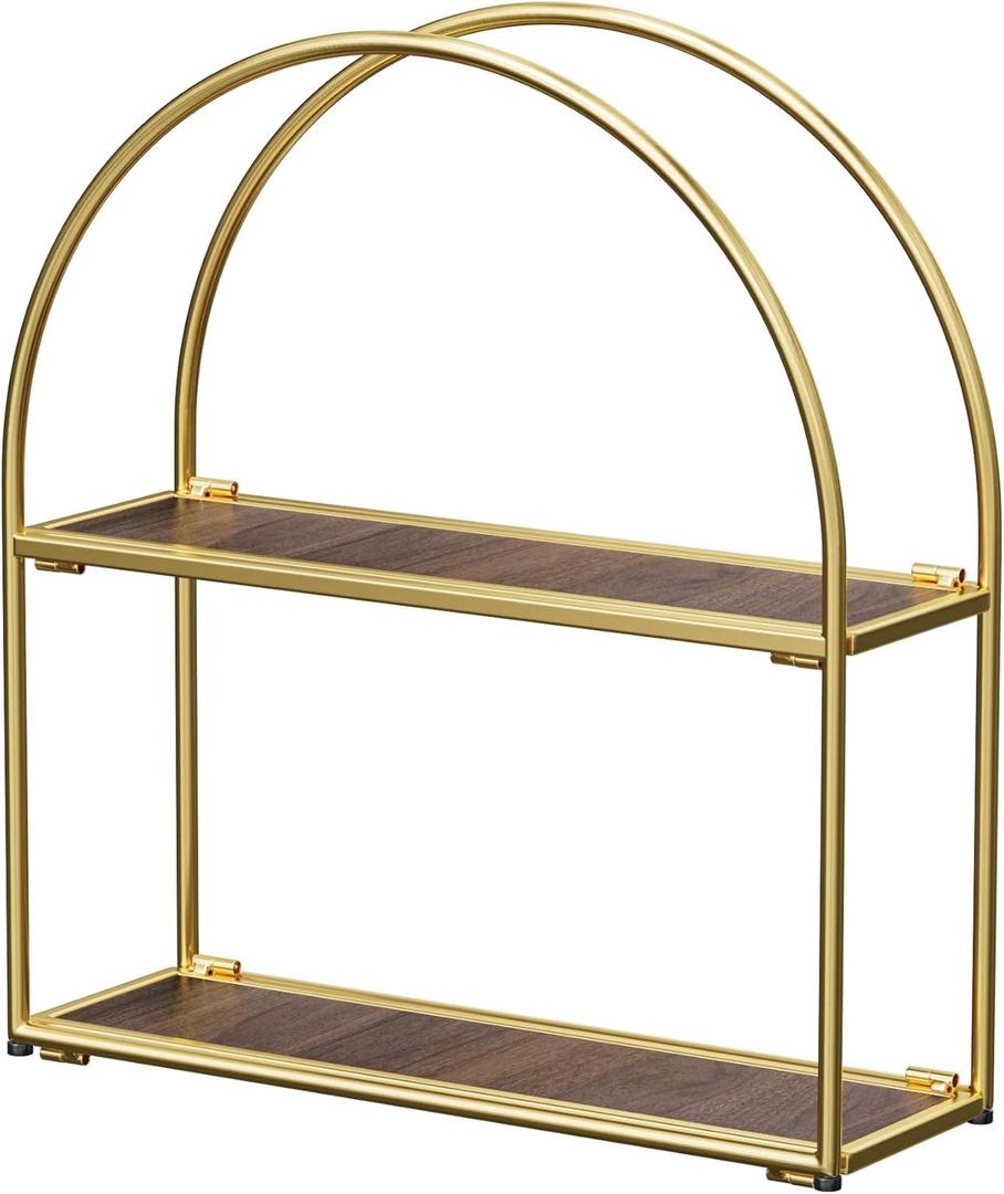 Crofy Gold Arched Frame Wall Shelf, Decorative 2 Tier Bathroom Wall Shelf with Walnut Finish Shelves and Robust Storage Capacity, 6" D x 17.9" W x 19.18" H