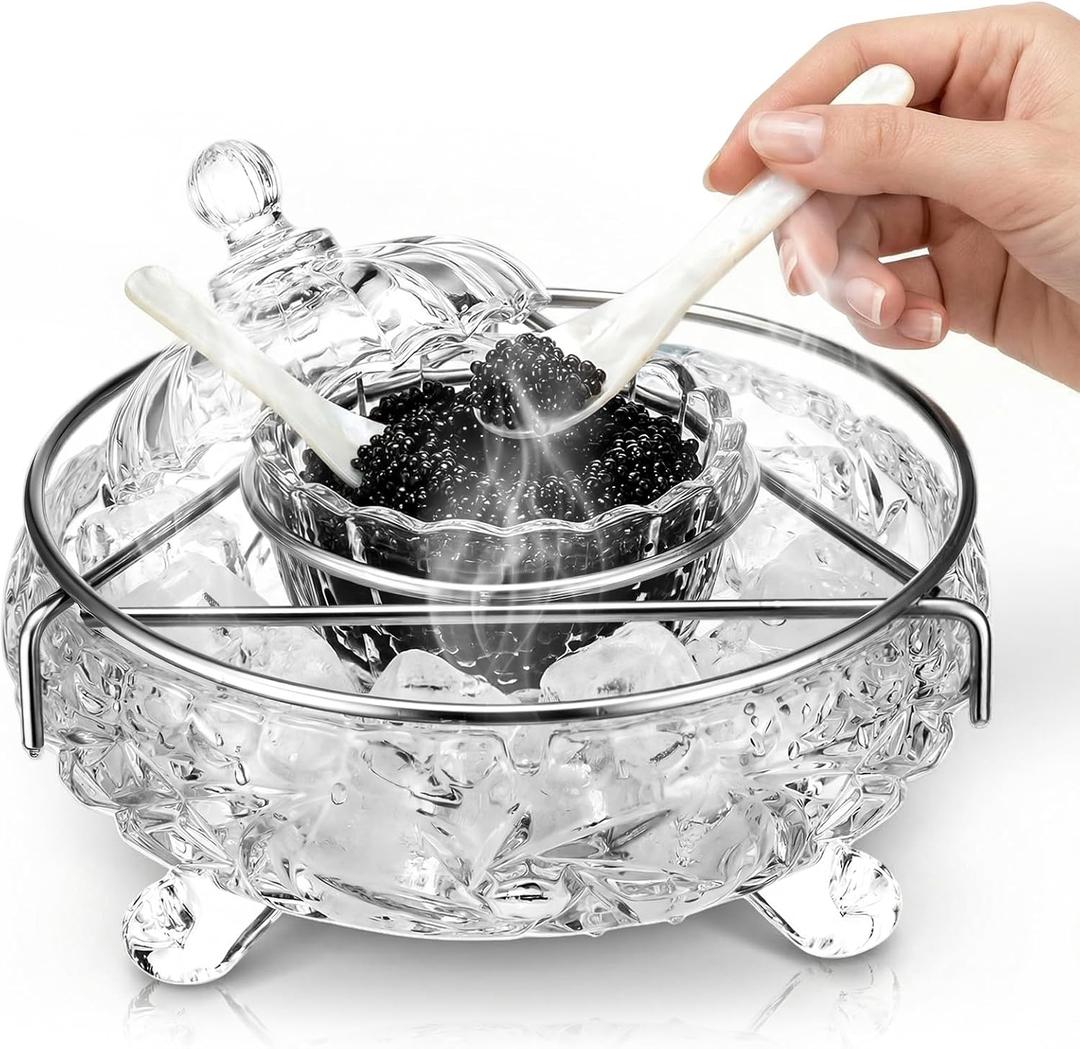 Zhehao 1 Set Glass Caviar Serving Set with Cover and Mother of Pearl Spoons Chiller Server Caviar Dish for Shrimp Appetizers Kitchen Restaurant Catering Events Dishwasher Safe (Clear Color), 3.54 x 4.13 inches Caviar dish