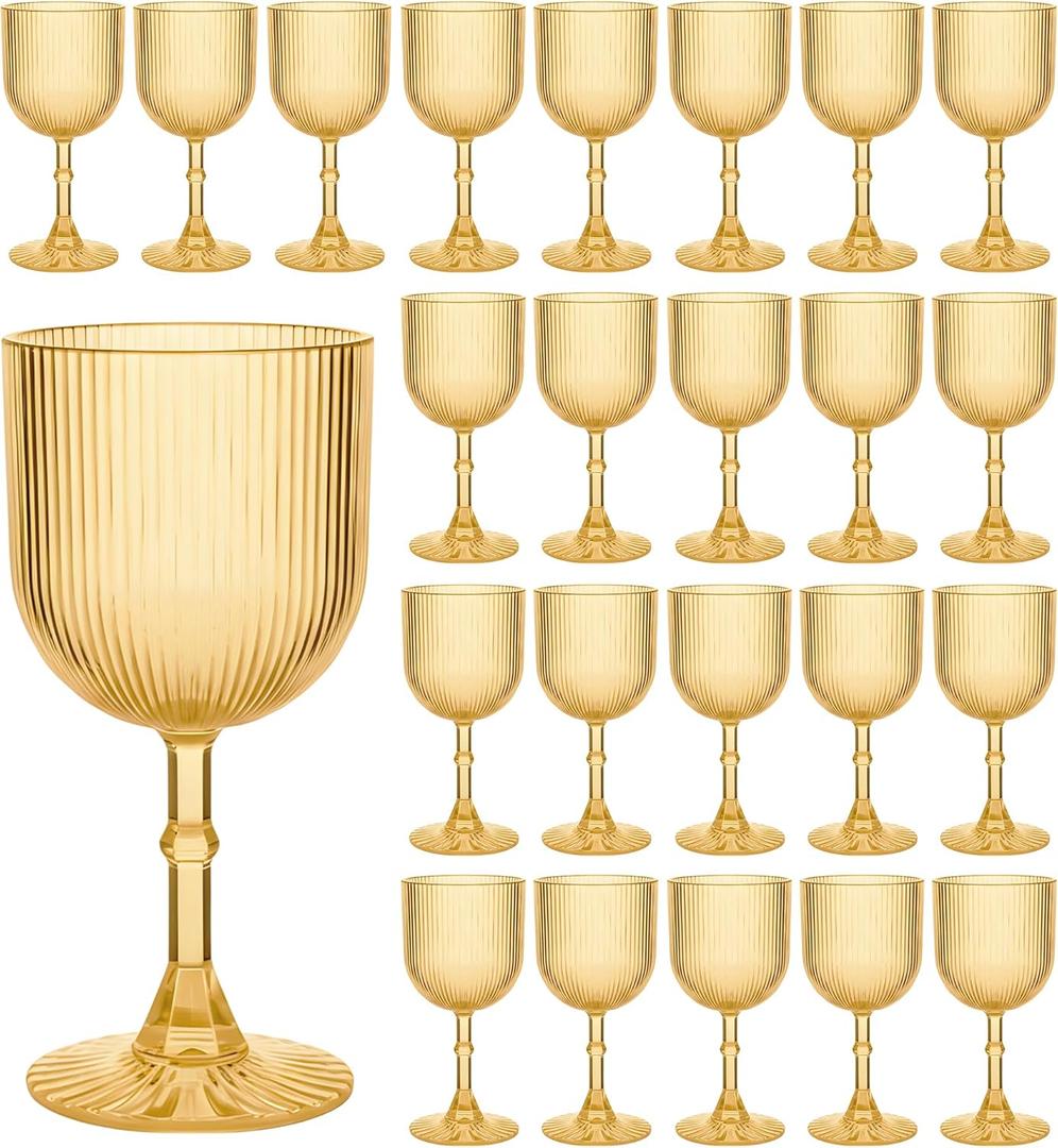 Plastic Goblets, 9oz Ribbed Acrylic Wine Glasses, Vintage Drinking Glasses with Stem, Unbreakable Reusable Disposable Water Goblets Bulk for Parties Weddings Dinner Mother's Day (Gold, 24pcs)