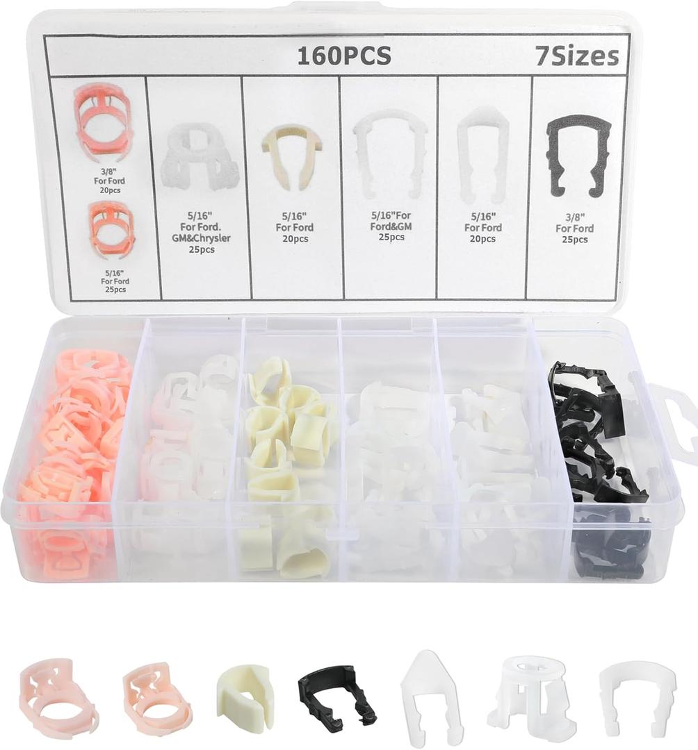 Car Fuel Line Clips,3/8" & 5/16" Durable Automotive Fuel Hose Retainer Clips Replacement,Car Accessories,7 Size Nylon Fuel Line Retaining Clips,Suitable for 3/8" or 5/16" Fuel Lines (160PCS)