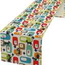 Mid Century Modern Table Runners Cute Black Cat Abstract Geometric for Dining Room Dinner Runner Kitchen Indoor Outdoor Patio Party Decor Fabric 1 Panel W13xL70in