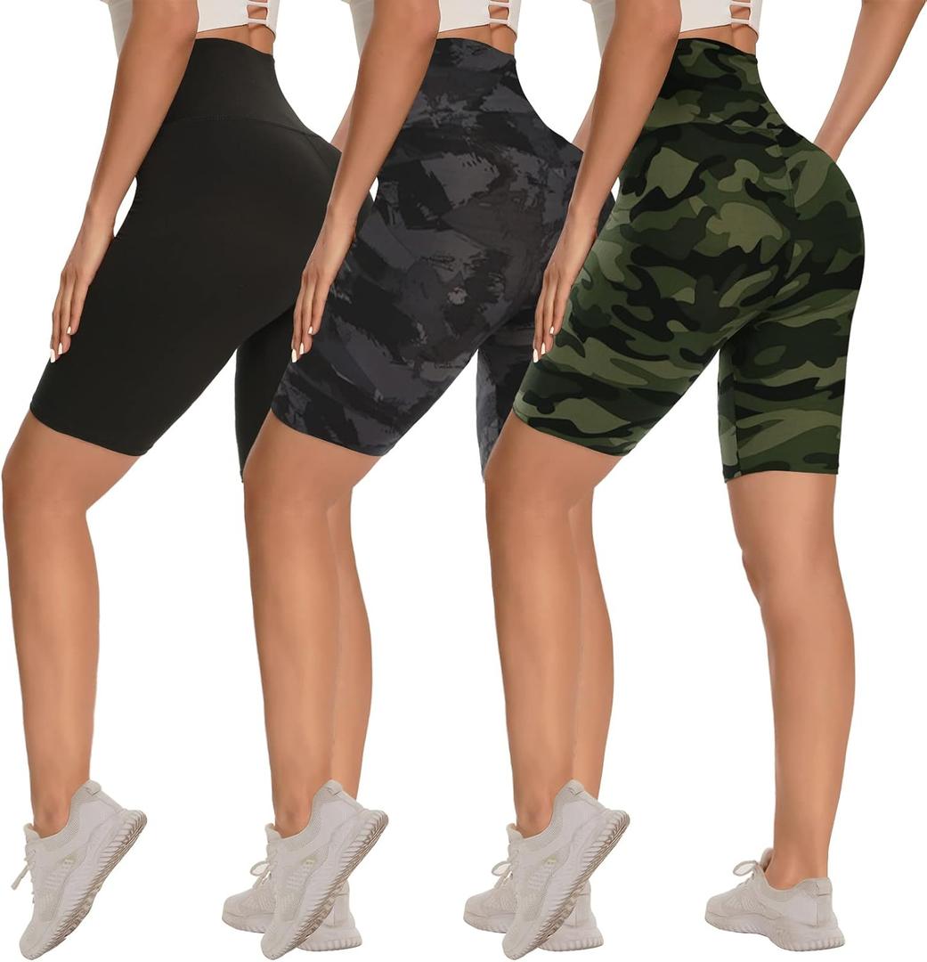 3 Pack Biker Shorts for Women  8"/5"/3" High Waisted Tummy Control Workout Yoga Running Athletic Shorts (XX-Large, Black/Green Camo/Black Printing)