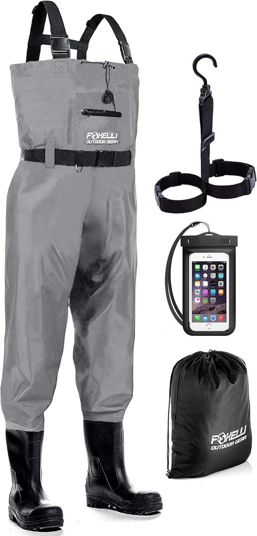 Foxelli Chest Waders  Waterproof 2-ply Nylon/PVC Camo Hunting Fishing Waders for Men and Women with Boots (9, Grey)