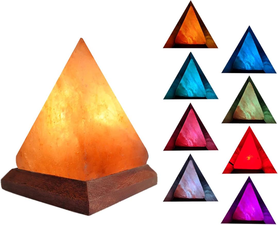 USB Himalayan Salt Lamp with 8 Colors Changing,Pyramid Crystal Salt Rock Lamp for Office,Home Deco,Yoga,Holiday Gift - Hand Carved,Genuine Wood Base