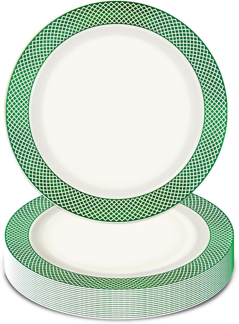 Green Plastic Plates 7.5 Inch Small Dessert Plates, White with Green Rim Disposable Salad Plastic Appetizer Plates for Christmas Weddings Birthday New Year Party