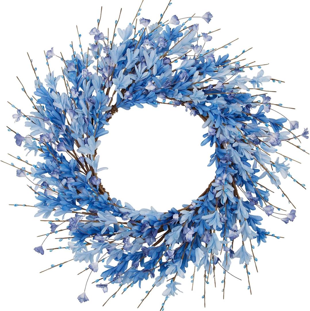 24 Inch Artificial Blue Forsythia Flower Wreath, Silk & Paper Bridal Floral Wreath for Front Door, Elegant Beach Nautical Themed Wedding & Spring Summer Decor, All Season Farmhouse Porch Wall Decor