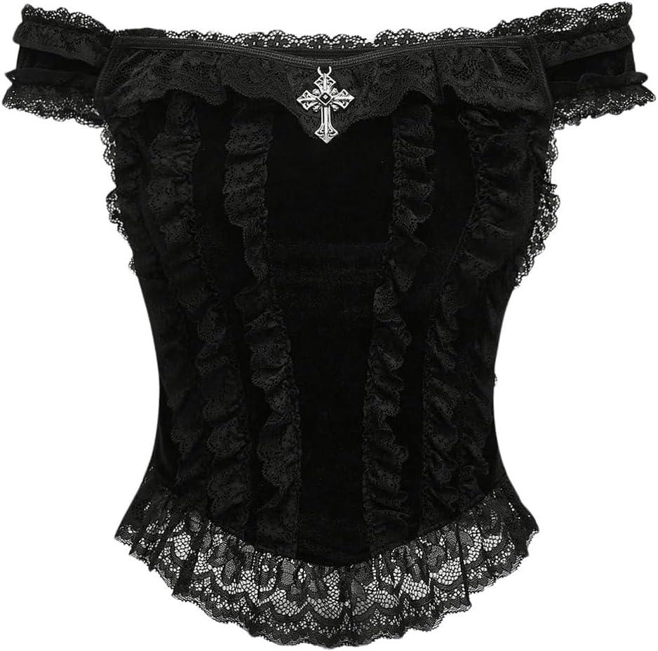 SHENHE Women's Goth Top Lace Trim Velvet Off Shoulder Short Sleeve Punk Top Shirt (Medium, Black)