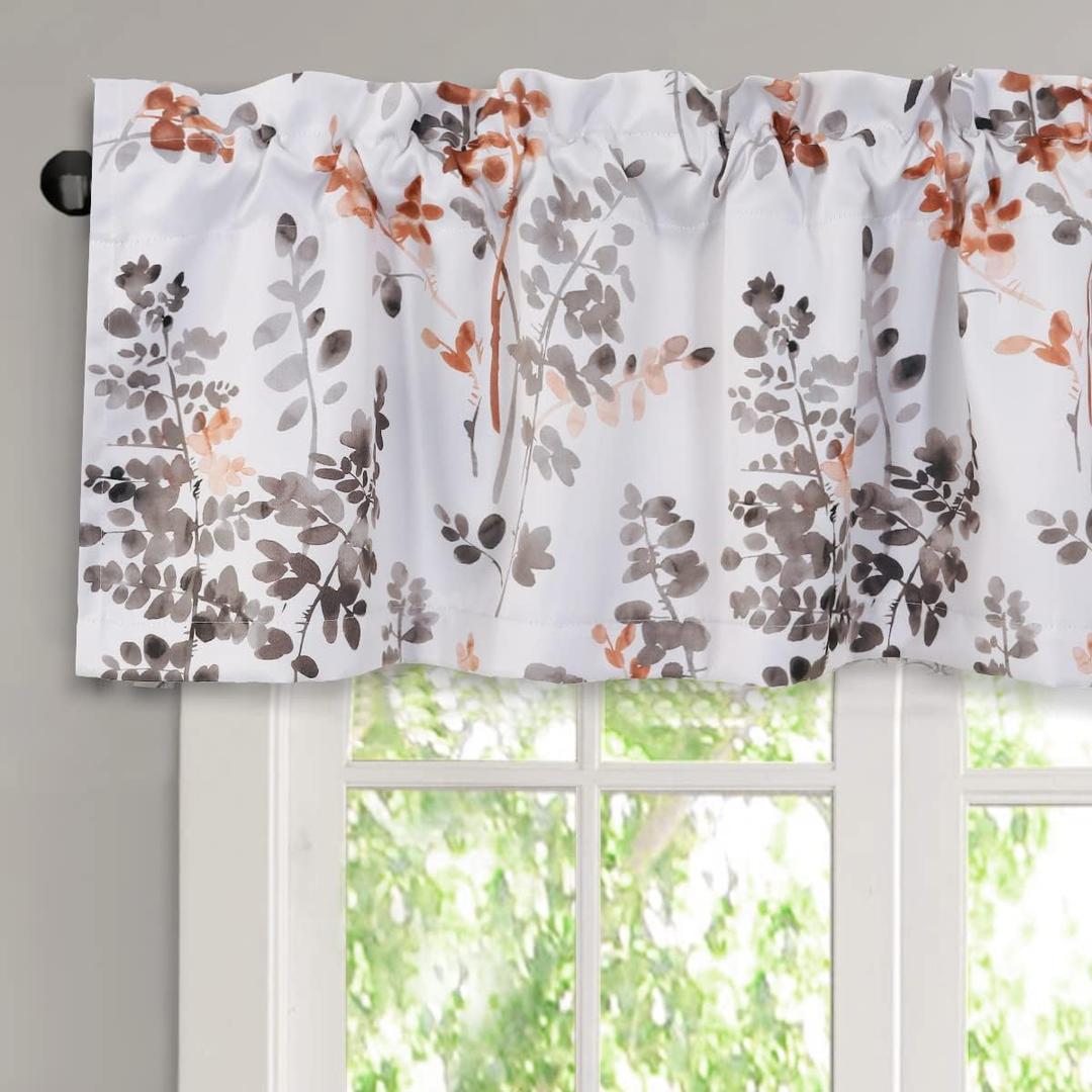 H.VERSAILTEX Valance for Kitchen Windows/Bathroom/Living Room/Bedroom Blackout Window Valance Thermal Insulated Rod Pocket Valance Curtains, 52" W x 18" L, 2 Panels, Floral Pattern in Grey and Coral