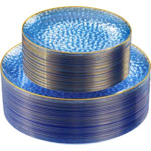 SUT 100Pcs Blue Plastic Plates, Hammered Plates Disposable Heavy Duty, Blue Disposable Plates With Gold Rim, Fancy Plastic plates Include 50 Dinner plate and 50 Dessert plates for Wedding (Bule)