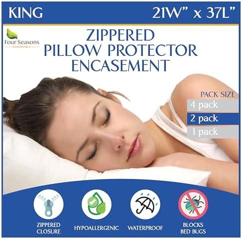 Four Seasons Essentials Waterproof King Pillow Protectors (Set of 2) – Zippered Pillow Cover Hypoallergenic Dust Allergy Proof Encasement