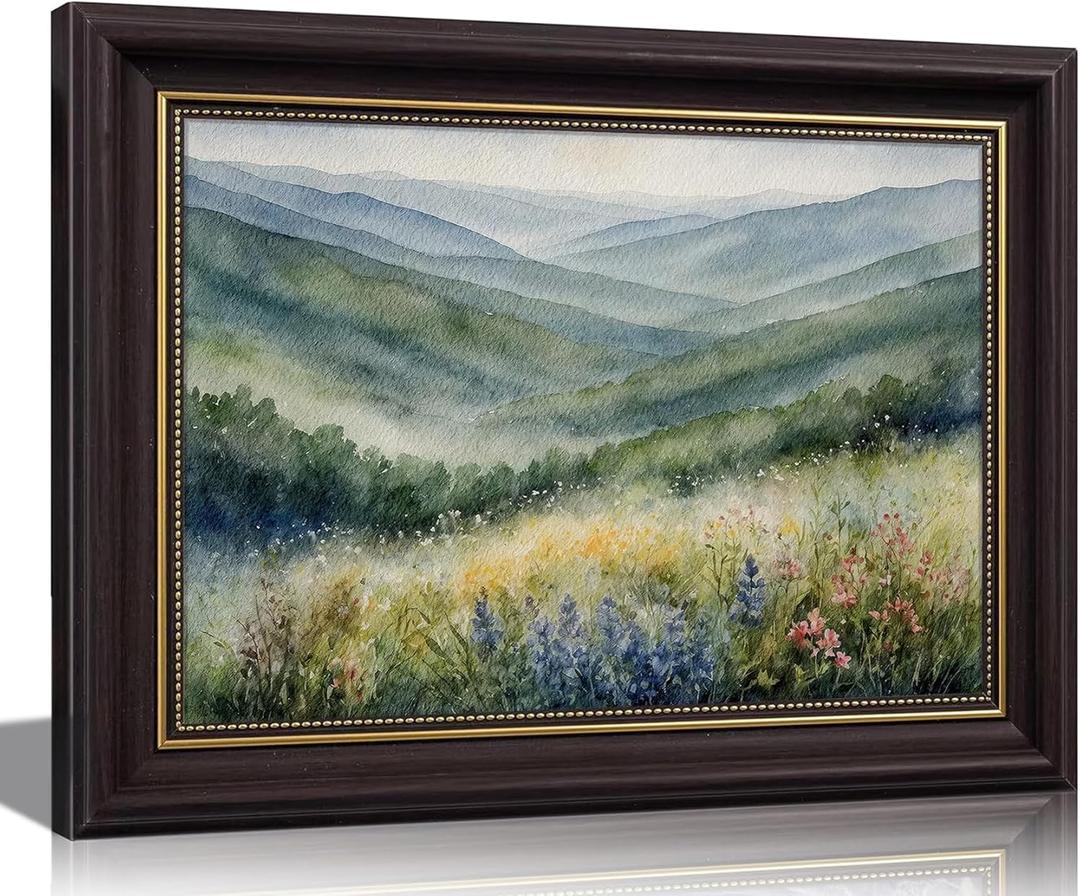 Dark Brown Framed Appalachian Mountains Wall Art Nature Landscape Canvas Print Spring Wildflowers Hills Poster Picture for Living Room Bedroom Office Wall Decor 24x16in Ready to Hang