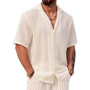 Mens Crochet Shirts Summer Fashion Knit Mesh Button Down Casual Cuban Top (S-XXL) (Beige, XL)