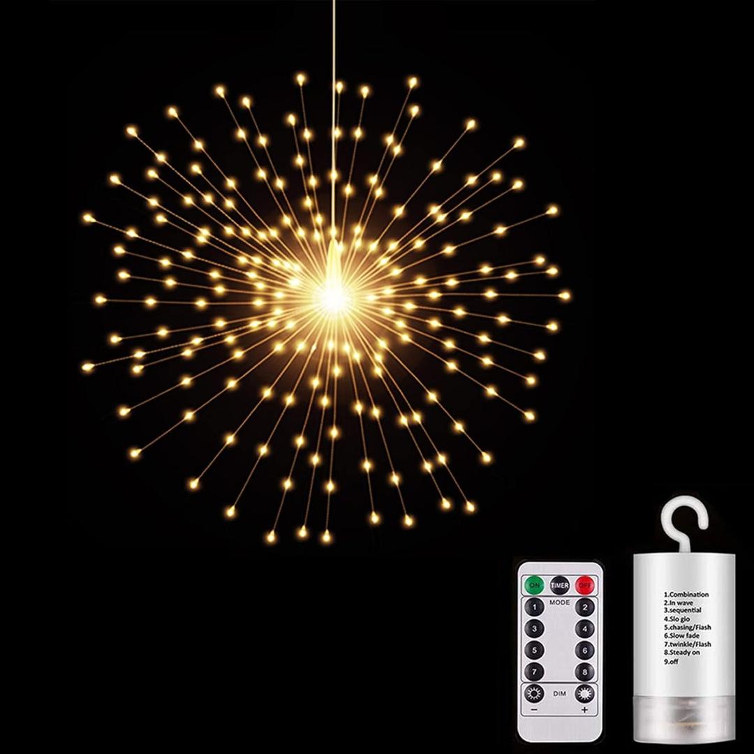 200 LED Starburst Sphere Lights,Firework Light Battery Powered, Tent Chandelier Remote Control, Waterproof Hanging Lights for Gardens Courtyards Porches Christmas Party Home DecorWarm White