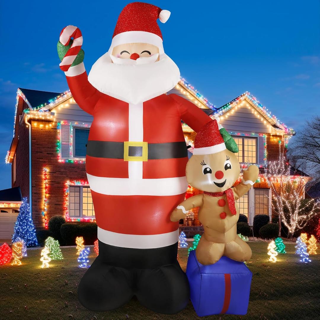 7FT Christmas Inflatable Santa Outdoor Decoration, Santa Claus with Gingerbread Doll Gift Box Built-in LED Lights Inflatables, Chirtsmas Blow Ups Holiday Inflatables for Xmas Garden Decor