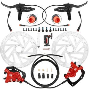 4 Piston Hydraulic Brakes for Ebike: 2 PIN Waterproof Power-Off Connector, Pre-Bleed Filled with DOT 4 Brake Fluid Brake Kit - 180mm 2.75mm Thickened Rotor (Red, 4 Piston)