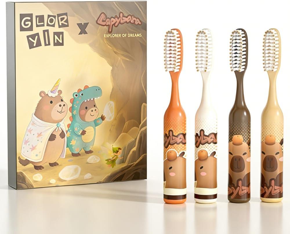 Capybara Kids Toothbrush 4-Pack Gift Set, Ages 5-18, Cute Animal Themed Extra-Long Bristles for Back Teeth, Soft & Fun Brushing