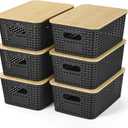 Ohmlove Plastic Storage Baskets With Bamboo Lid - Plastic Storage Containers Stackable Storage bins: Storage Baskets for Organizing Shelves Drawers Desktop Closet Playroom Classroom Office, 6 Pack