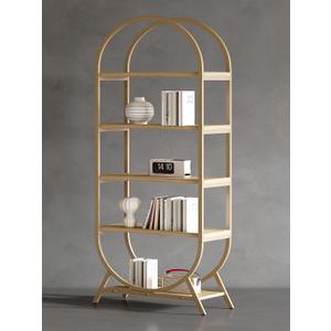 Bookshelf Arched Bookcase, Industrial 5 Tier Open Book Shelves with Metal Frame, 72" Tall Freestanding Display Rack for Home Office, Living Room,Nature Wood and Gold