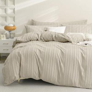 JELLYMONI Duvet Cover Full Size Light Khaki - 3PCS Boho Striped Duvet Cover Set Polyester Tufted Bohemian Textured Comforter Cover with Corner Ties & Zipper Closure