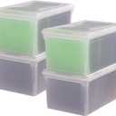 IRIS USA File Box, File Organizer w/Hinged Split Lid for Letter File, Important Document Box, Plastic Storage Filing Bin for Moving, Stackable Nestable Portable, Pearl 44 Qt. 4 Pack