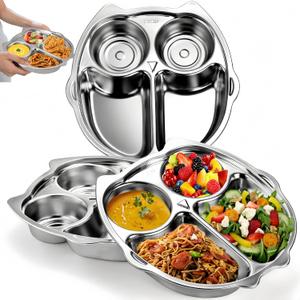 3 Pack Stainless Steel Divided Plates, 9 Inch 304 Dinner Platter, Diet Portion Control Tray, 4 Sections Owl Shape Meal Plate for Adult Children Picky Eaters, Camping Dish Lunch Snack