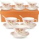 Cup and Saucer Sets of 6 with Spoon, Large Coffee Cups and Saucers New Bone China Floral Vintage Cup & Saucer Sets Porcelain Tea Latte Tea Mugs -Microwave Dishwasher Safe