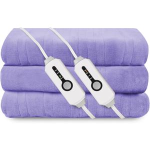 Electric Heated Blanket 84"x90" Queen Size, Soft Coral Fleece, Dual Controllers with 4 Heating Levels and 10 Hours Auto-Off, Machine Washable, Cozy Plush Fabric for Home, Light Purple