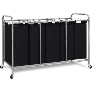STORAGE MANIAC 5 Section Laundry Sorter, 5 Bins Rolling Separator Laundry Basket, Dirty Clothes Hamper Divider with Heavy Duty Rolling Lockable Wheels, Large Clothes Organizer Cart, Black