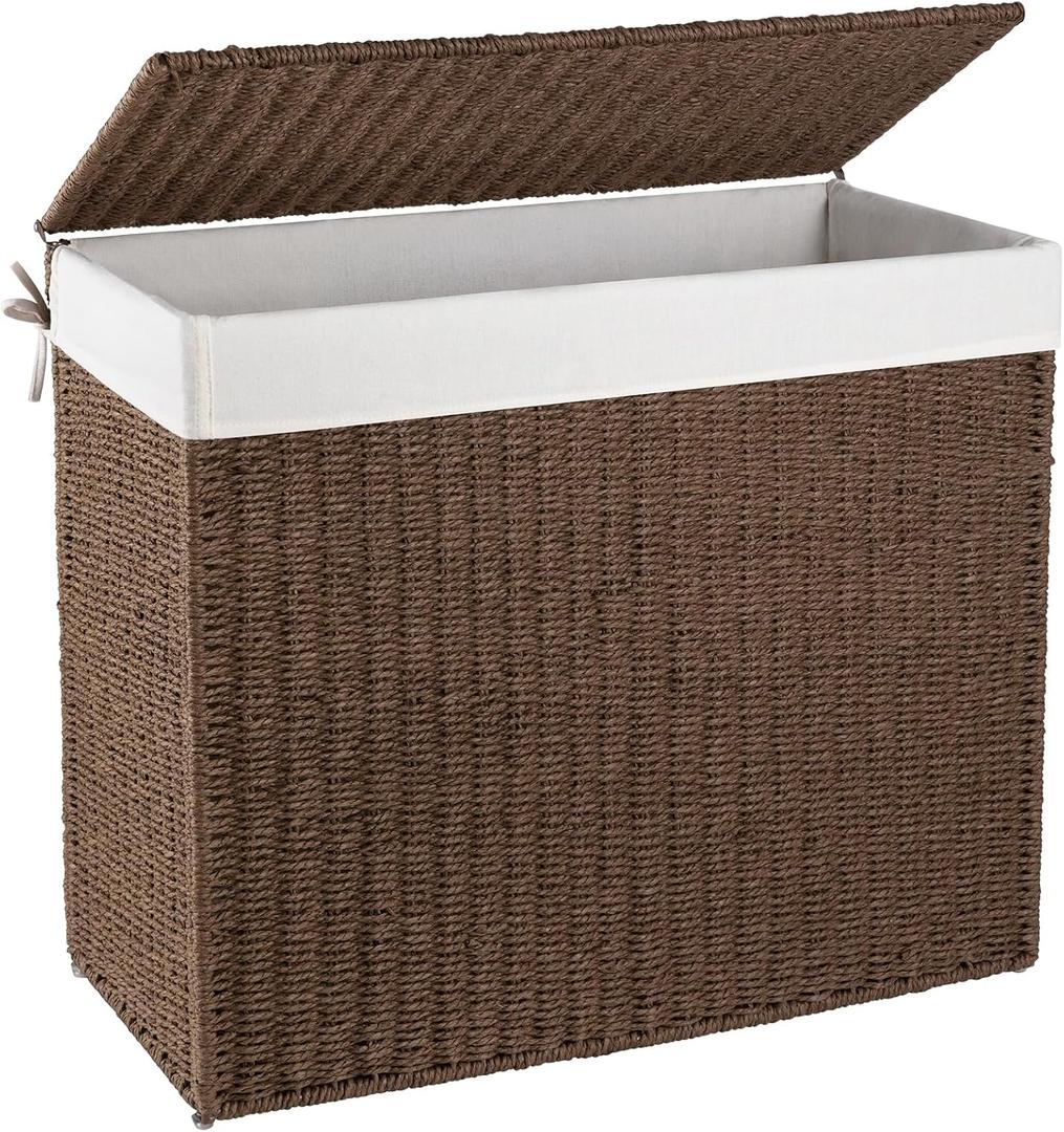 OIAHOMY Large Laundry Hamper with Lid, 35.7 Gal (140L) Wicker Hamper with Removable Liner Bag, Handwoven Clothes Basket with Handles, Foldable Paper Rope Basket for Laundry Room, Bedroom-Brown