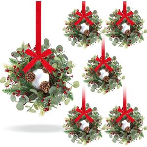 6 PCS Christmas Mini Cabinet Wreath for Kitchen with Ribbon Artificial Eucalyptus Cedar Hanging Garland with Red Berries Pine Cones for Swag Table Centerpiece Door Window Chair Wall Winter Decor