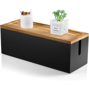 Bivvclaz Large Cable Management Box, Wooden Cord Organizer Box for Desk, Floor, Office to Hide Extension Cords Power Stripes Surge Protectors Chargers Wires, Black