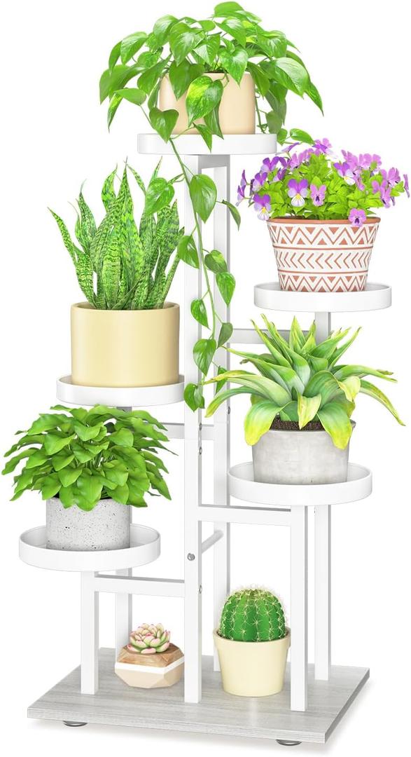 LASZOLA White 5 Tier Plant Stand Indoor Heavy Duty Rack for Modern House Planter, Metal and Wooden Vertical Organizer Decor Narrow Bathroom Floor, Sturdy Multi Level Flower Holder Raised, Cat Proof