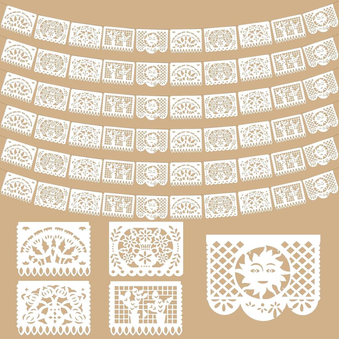 6 Pack White Mexican Banner, 118 FT Long Papel Picado Plastic Fiesta Banner for Weddings, Cinco de Mayo & Dia de los Muertos, Blanco Large Mexican Wedding Decorations