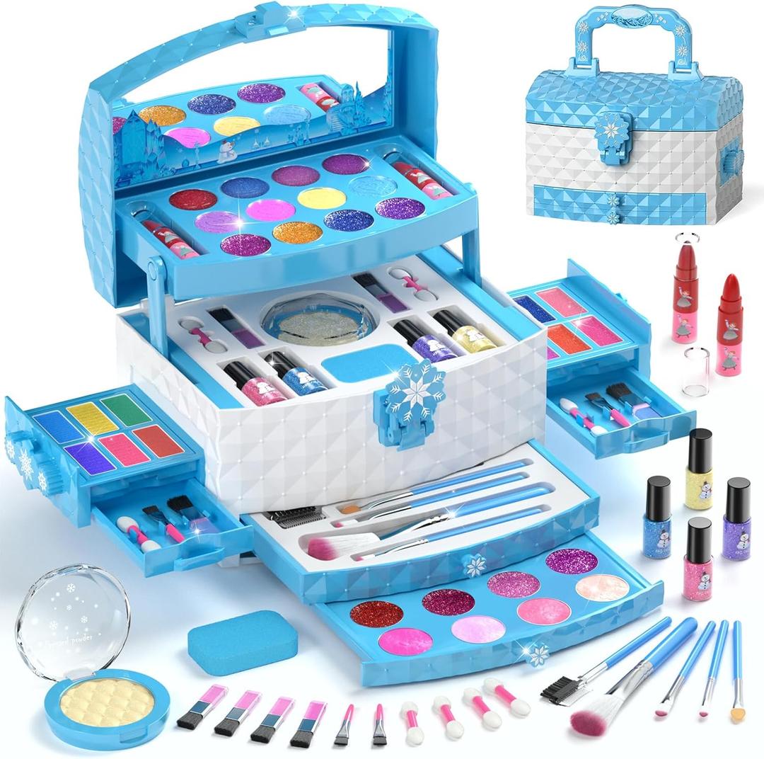 PERRYHOME Kids Makeup Set for Girl 56 Pcs Washable Real Cosmetic, Non-Toxic Frozen Toys Toddler Makeup Kit, Princess Dress up Christmas & Birthday Girl Gift for 3 4 5 6 7 8 9 10 11 12 Year Old Girls