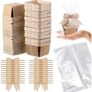 Kigley 24 Set Wooden Gift Baskets Empty Small Gift Basket with Cellophane Bags Bows Basket Kit for Easter Spring DIY Picking Fruit Birthday Baby Shower Wedding Bow Party(4 Inch,Brown)