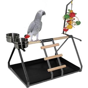 Parrot Bird Perch Table Top Stand Metal Wood 2 Steel Cups Play for Medium and Large Breeds 17.5" x 12.5" x 11"